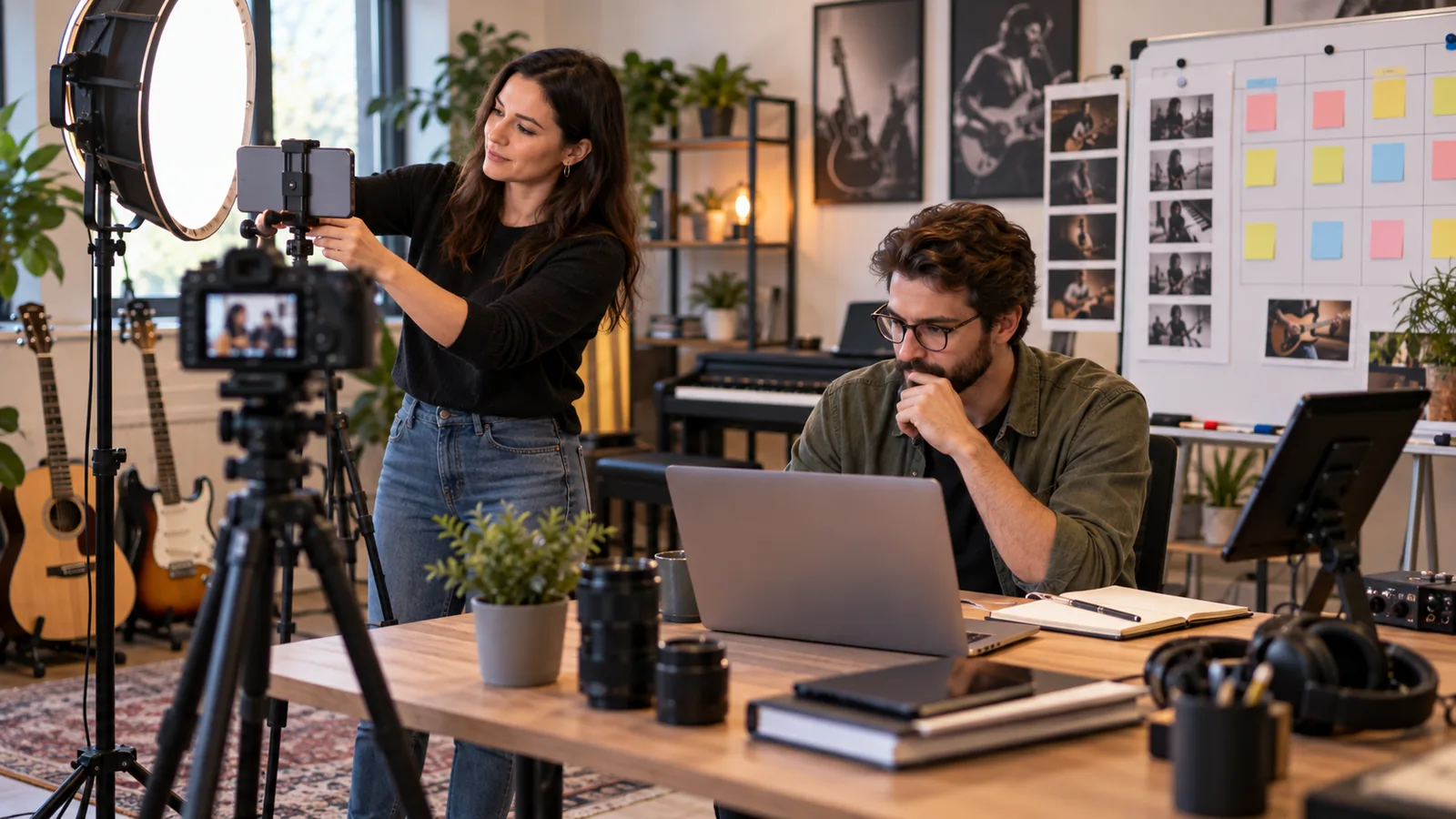 A woman adjusting a phone mounted on a ring light tripod while a man works at a laptop across a studio table, with a camera on a tripod, guitars and a piano behind them, and a board of colored sticky notes on the wall.