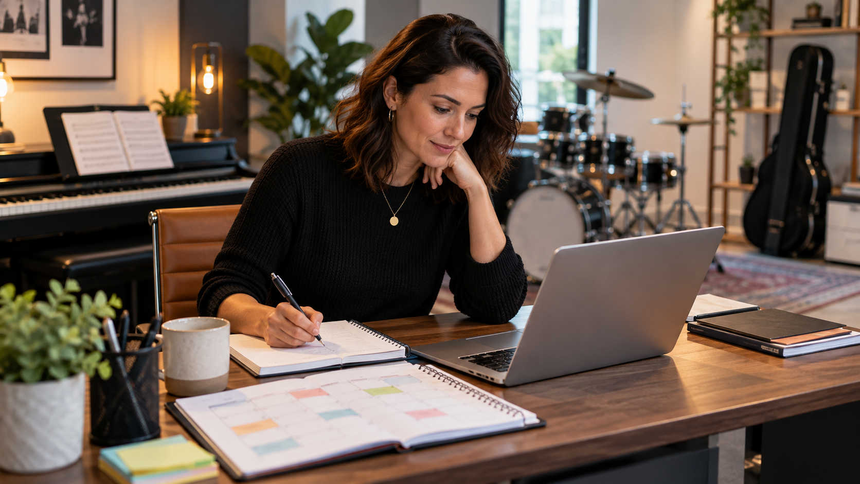 A woman at a wooden desk writing in a notebook beside an open laptop and a color-coded planner, with a piano, a drum kit, and a guitar case in the room behind her.