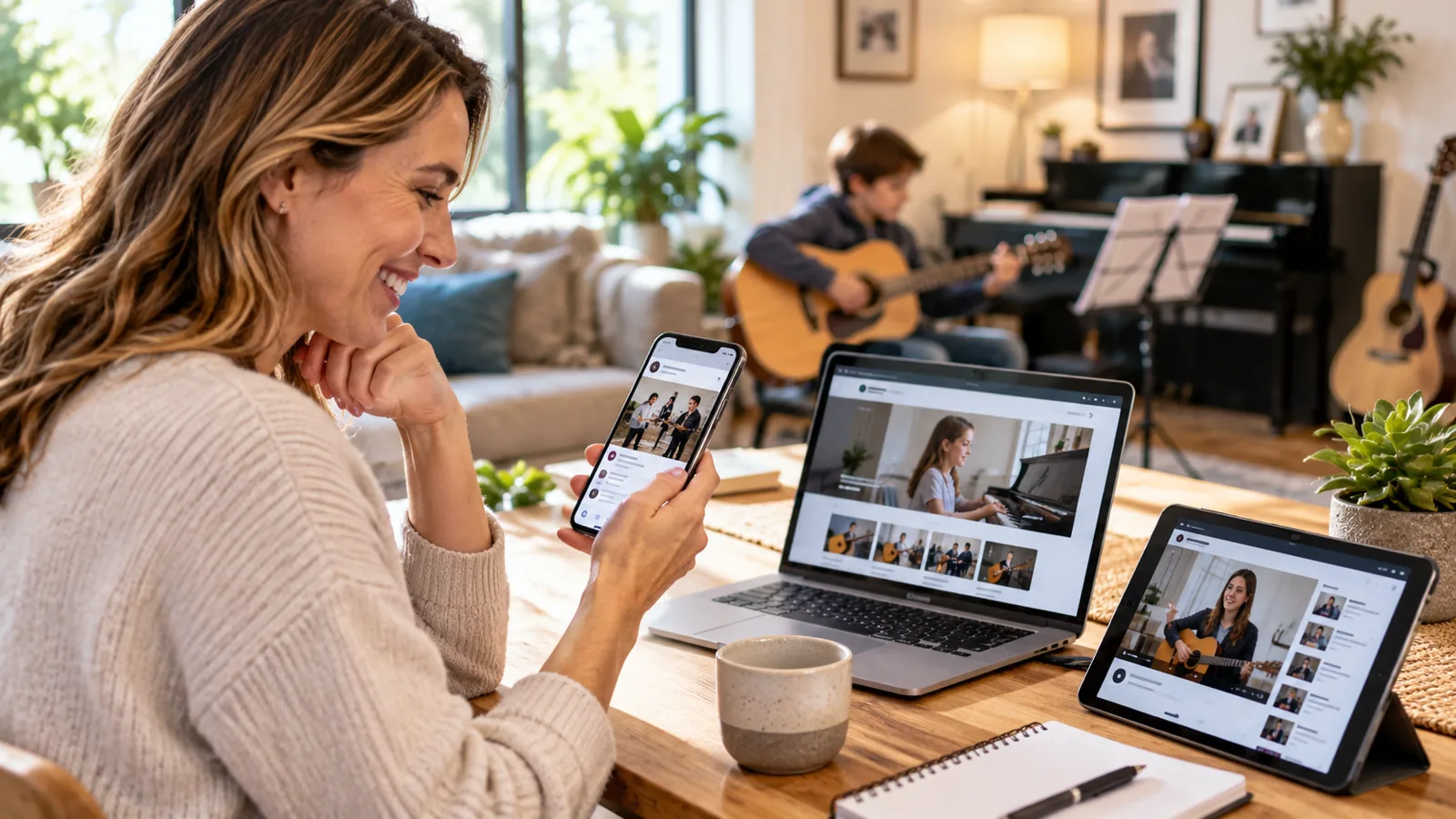 A parent smiling at a phone at a kitchen table, with a laptop and a tablet beside her each showing music lesson videos, while a boy plays guitar in the room behind.