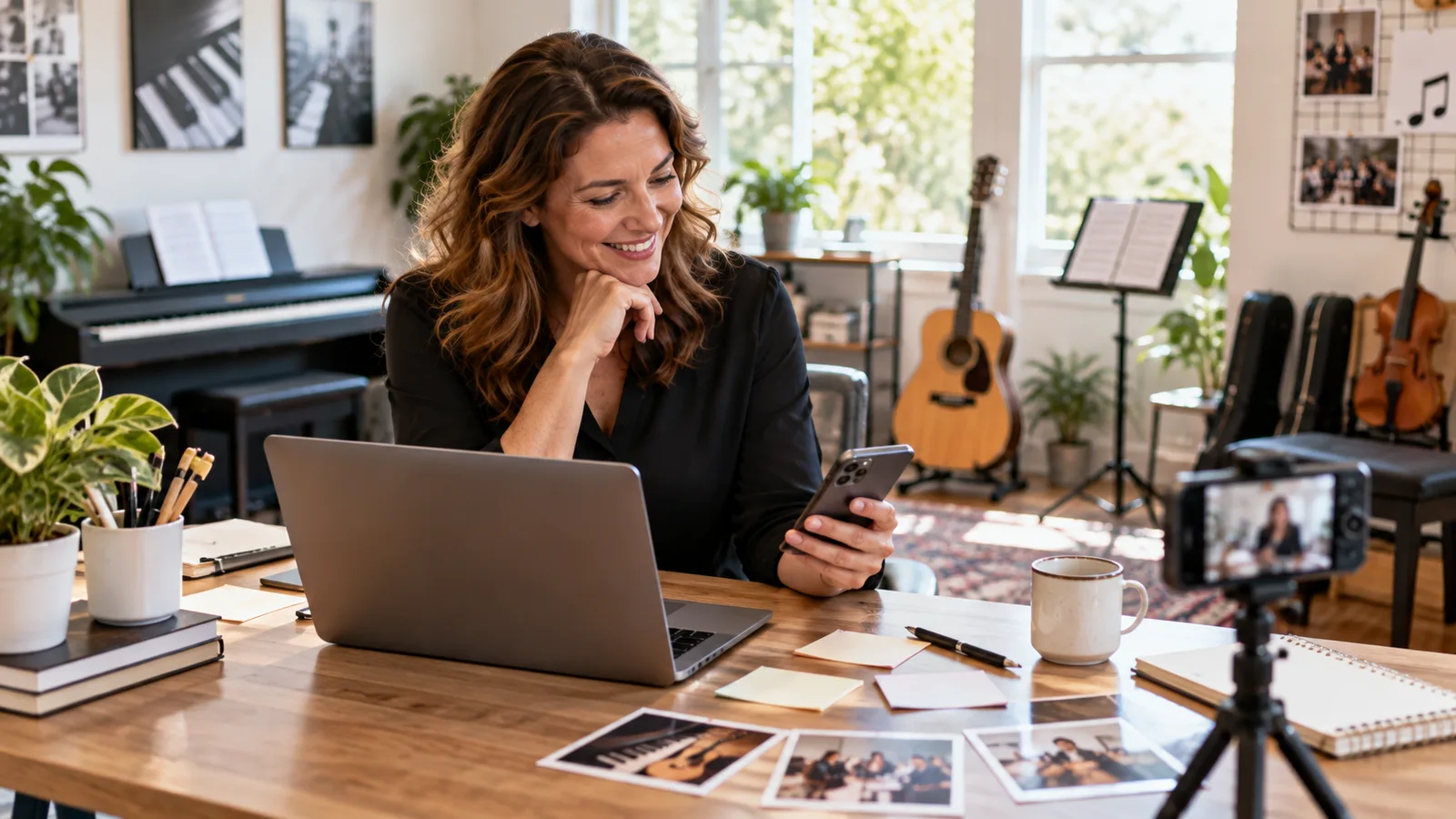 A smiling woman at a wooden desk holding a phone beside an open laptop, with a phone on a small tripod recording her, printed photos of music lessons spread on the desk, and a piano, guitar, and violin in the studio behind her.