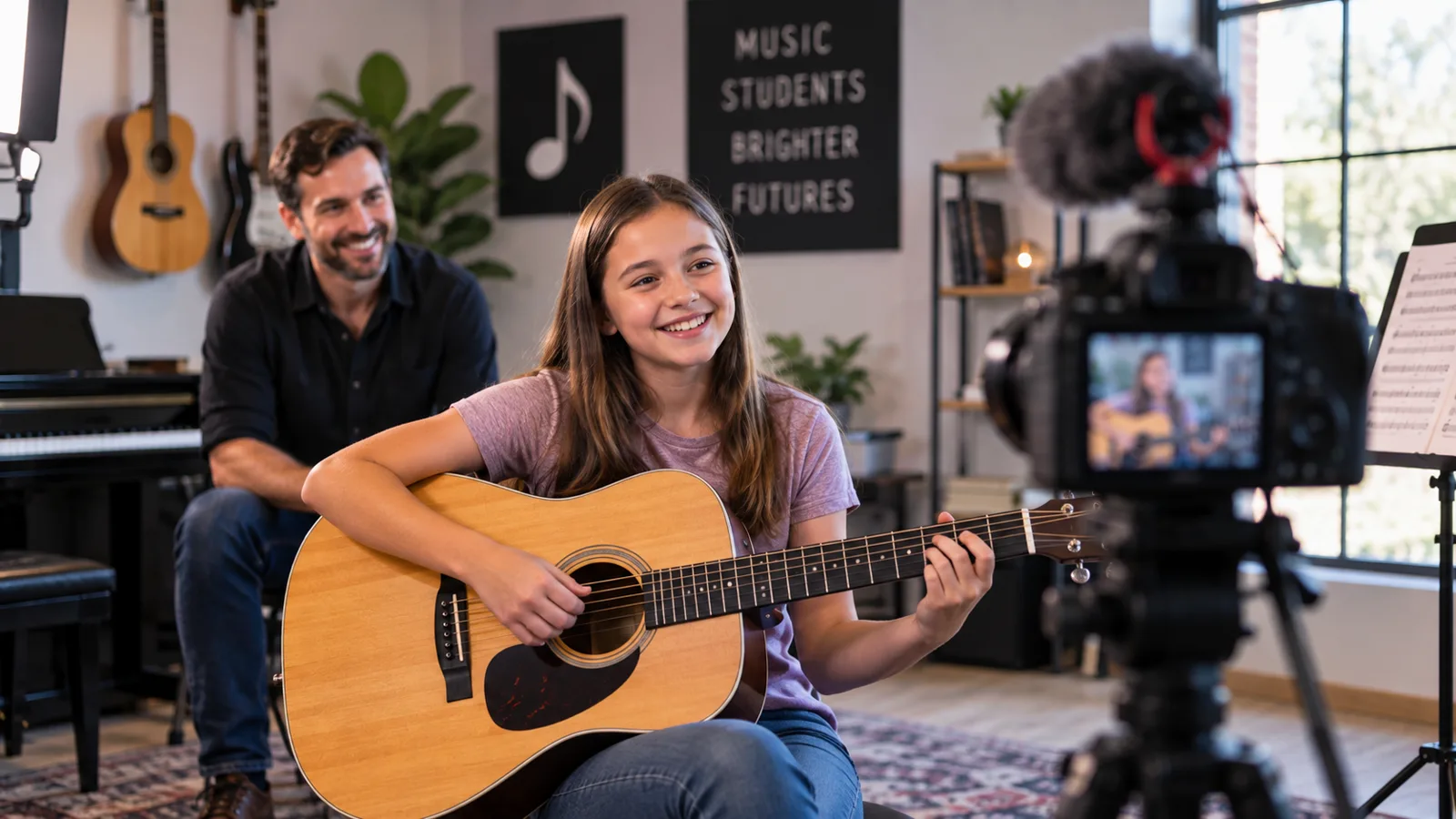 A girl holding an acoustic guitar and smiling toward a camera on a tripod during a filming session, with a teacher seated at a piano behind her and a wall sign reading Music Students Brighter Futures.