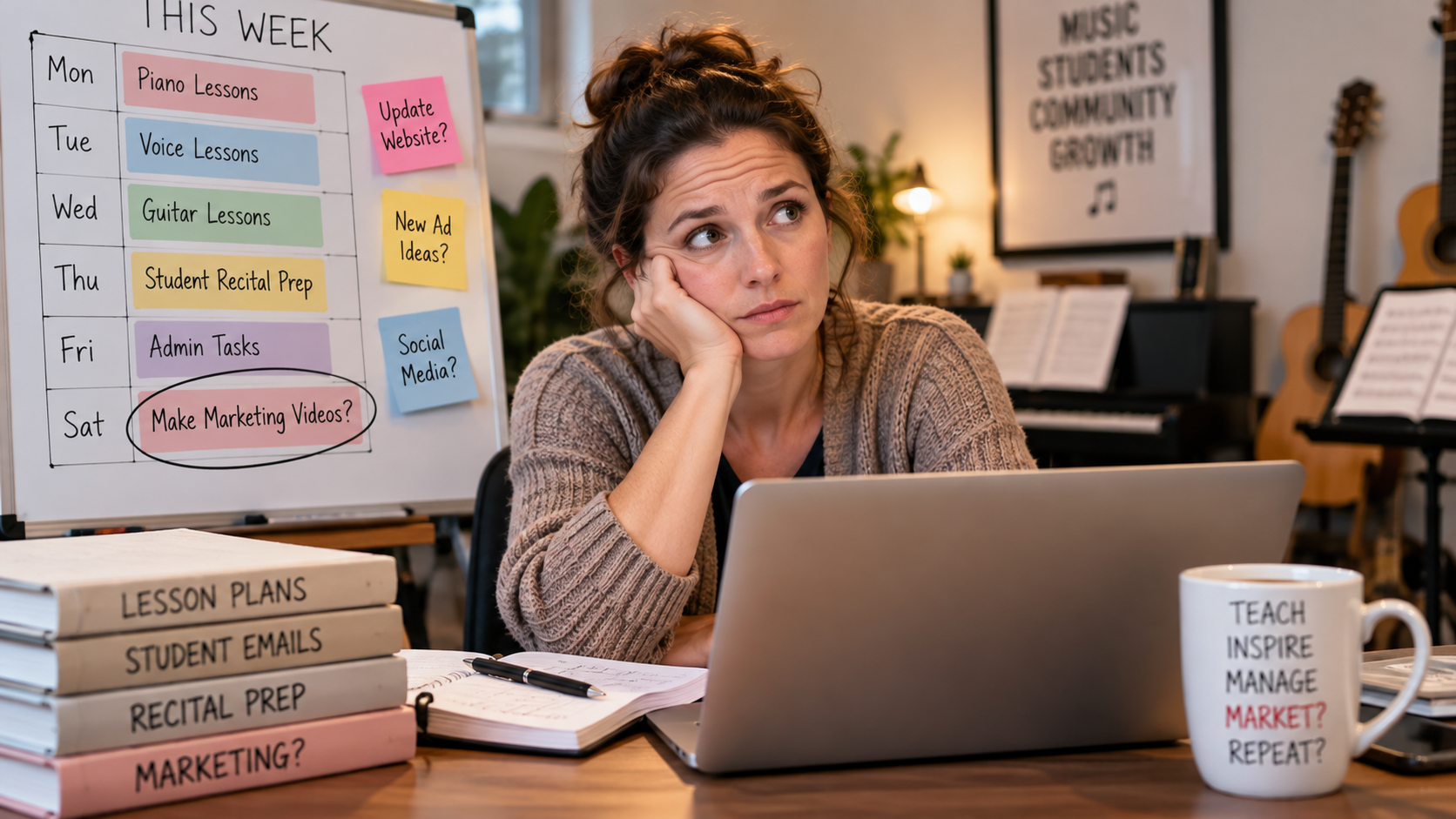 A tired woman resting her head on her hand at a desk with a laptop, beside a whiteboard schedule of piano, voice, and guitar lessons and recital prep with Make Marketing Videos circled for Saturday, a stack of books labeled lesson plans, student emails, recital prep, and marketing, and a mug reading teach, inspire, manage, market, repeat.
