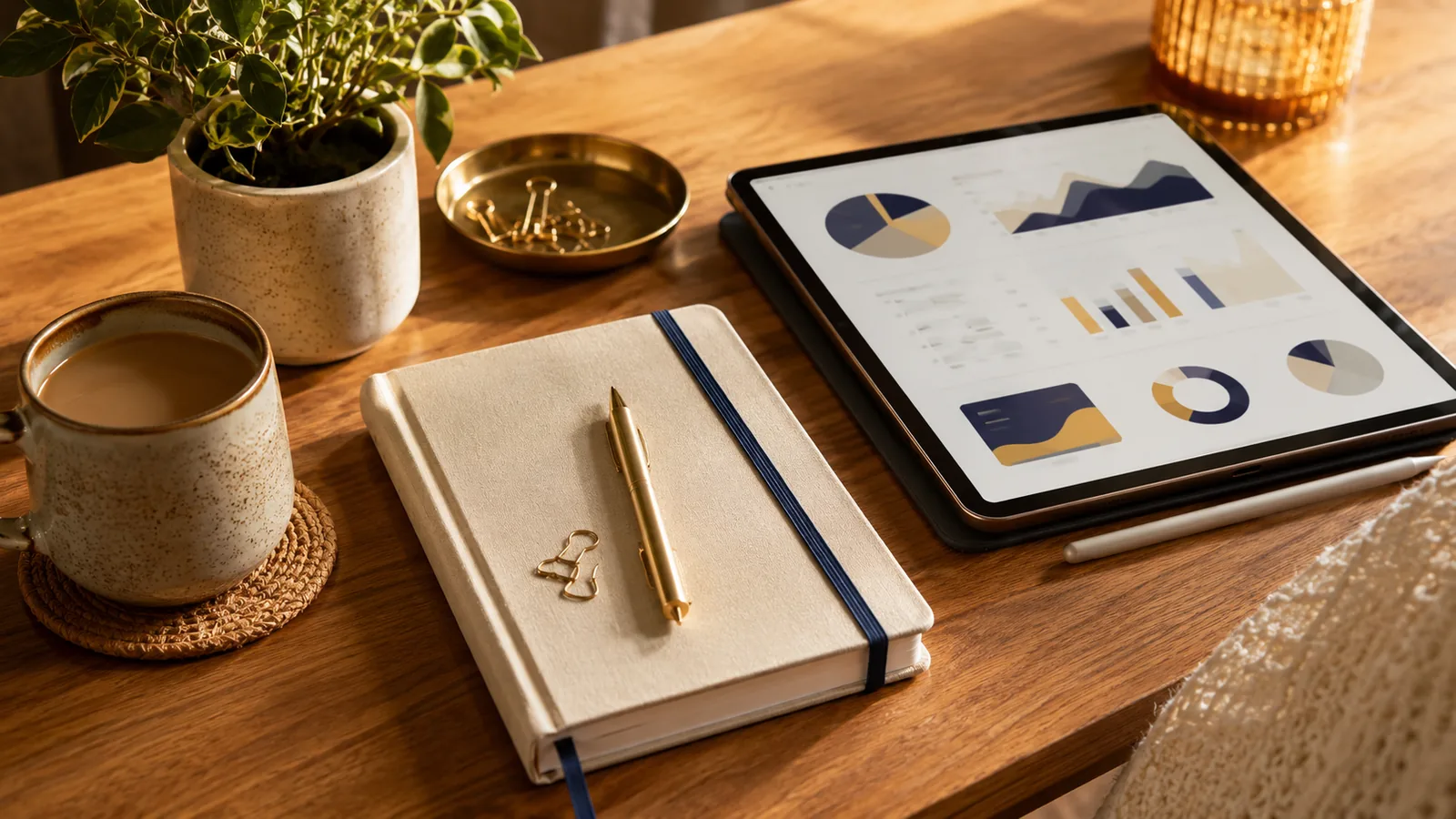 A tidy wooden desk with a notebook, coffee, and a tablet showing charts, representing planning before running ads
