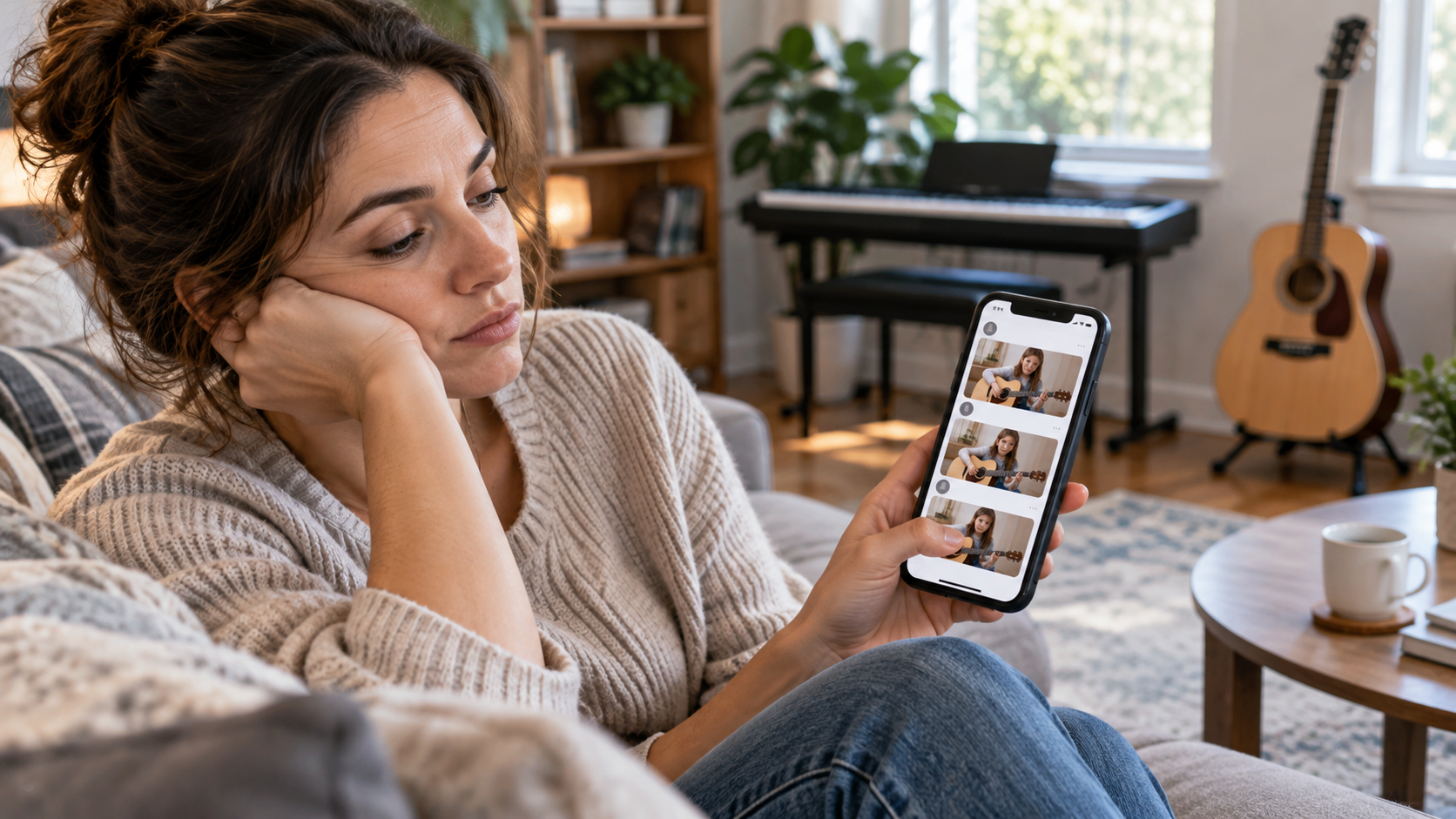 A woman resting her head on her hand on a living room couch, looking unimpressed at a phone that shows several similar videos of a girl playing guitar, with a keyboard and an acoustic guitar behind her.