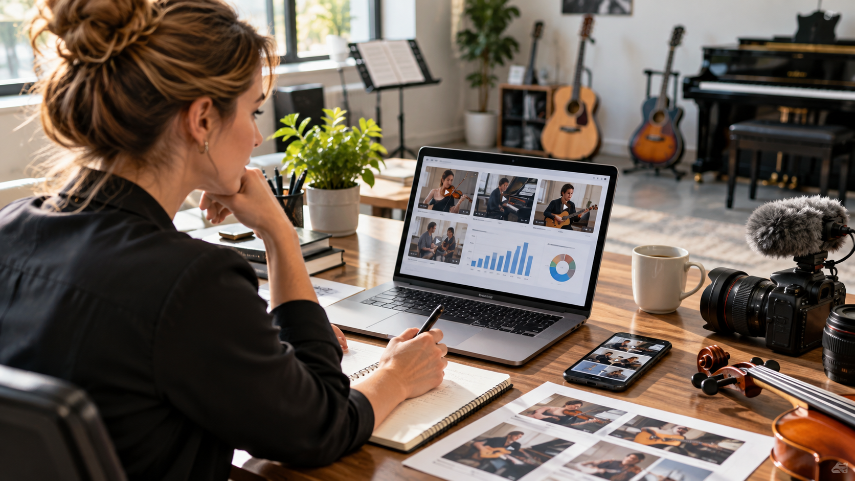 A woman taking notes at a desk while reviewing a laptop screen of music lesson video thumbnails and charts, with printed video stills, a phone, a camera with a microphone, and a violin on the desk, and guitars and a piano in the room behind her.